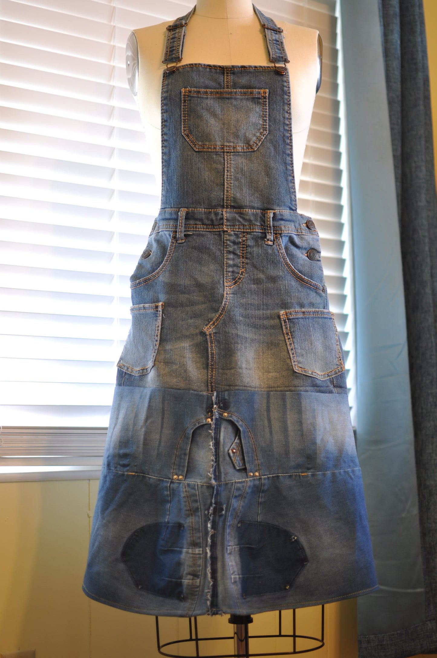 Utility Upcycled Large Denim Apron with Multiple Pockets and Adjustable Strap Unisex One Size