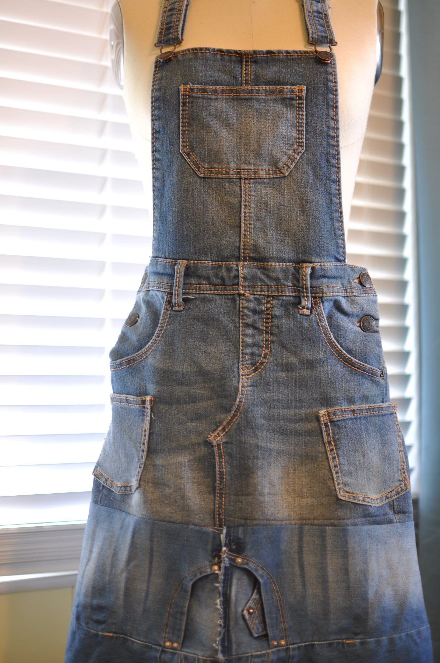 Utility Upcycled Large Denim Apron with Multiple Pockets and Adjustable Strap Unisex One Size