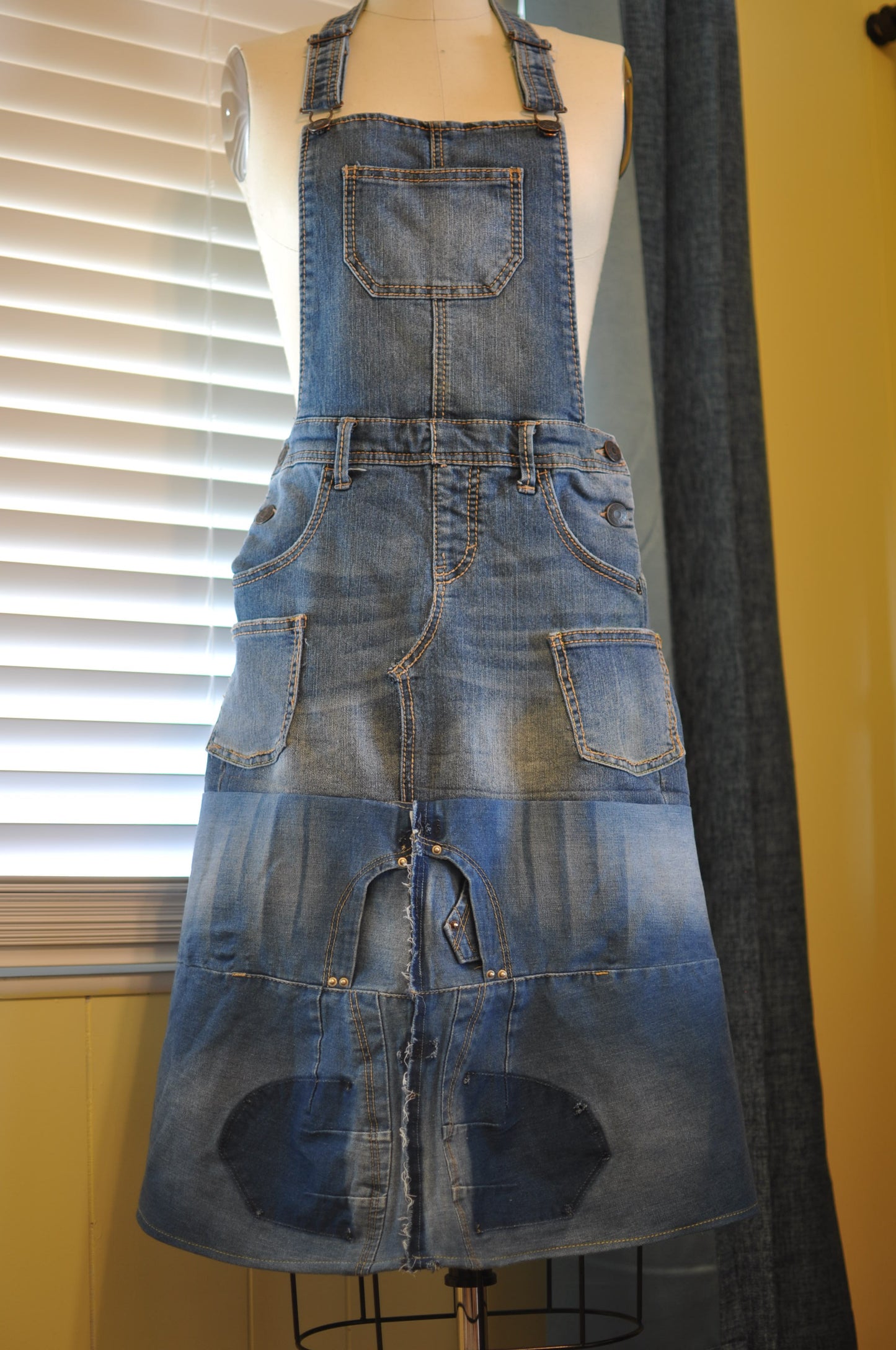 Utility Upcycled Large Denim Apron with Multiple Pockets and Adjustable Strap Unisex One Size