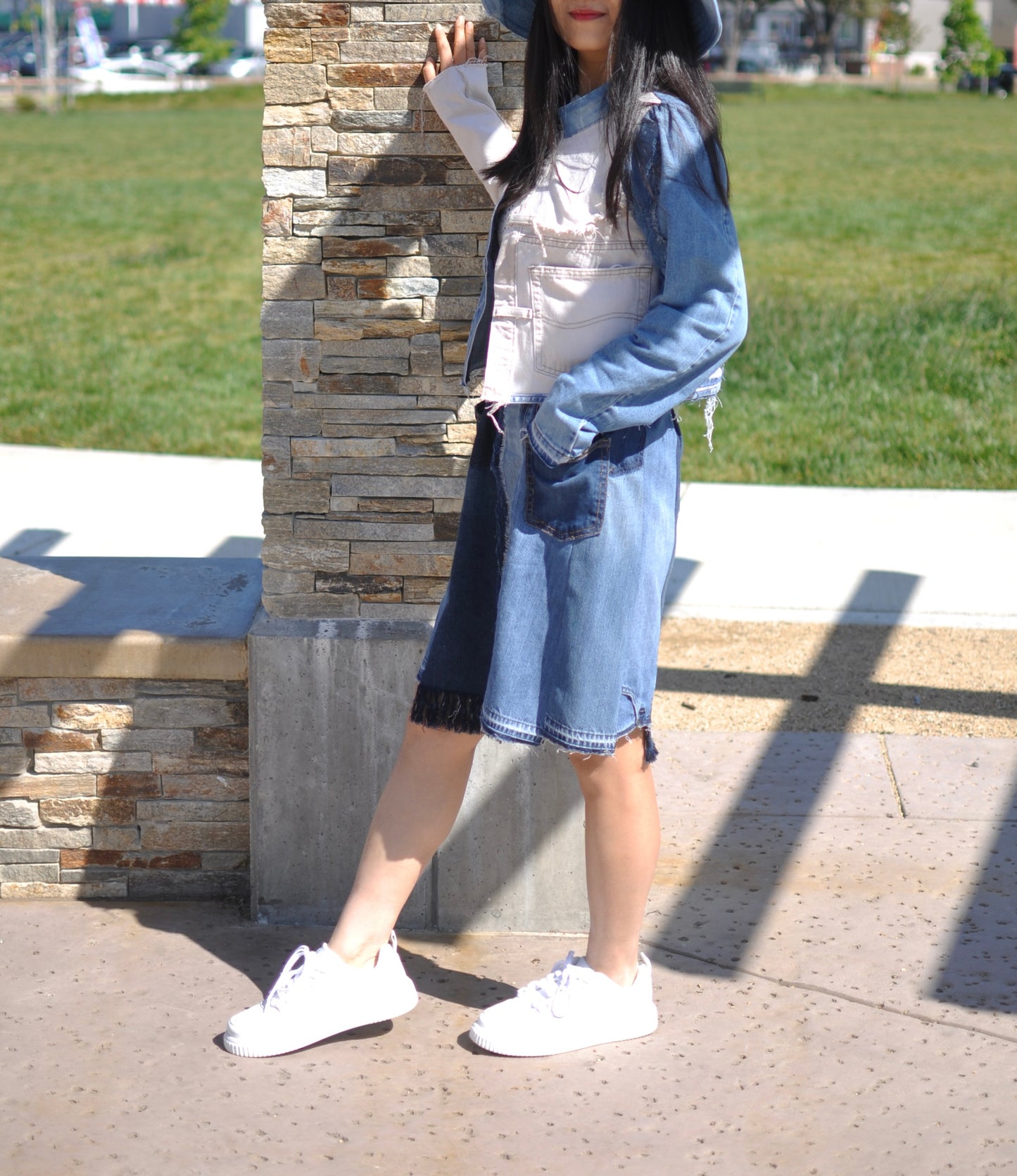 Handmade Upcycled Denim Skirt With Elastic Waistband Two Pocket One Size Small Medium Large XL 1X 2X ALL Fit Upcycled From Jeans