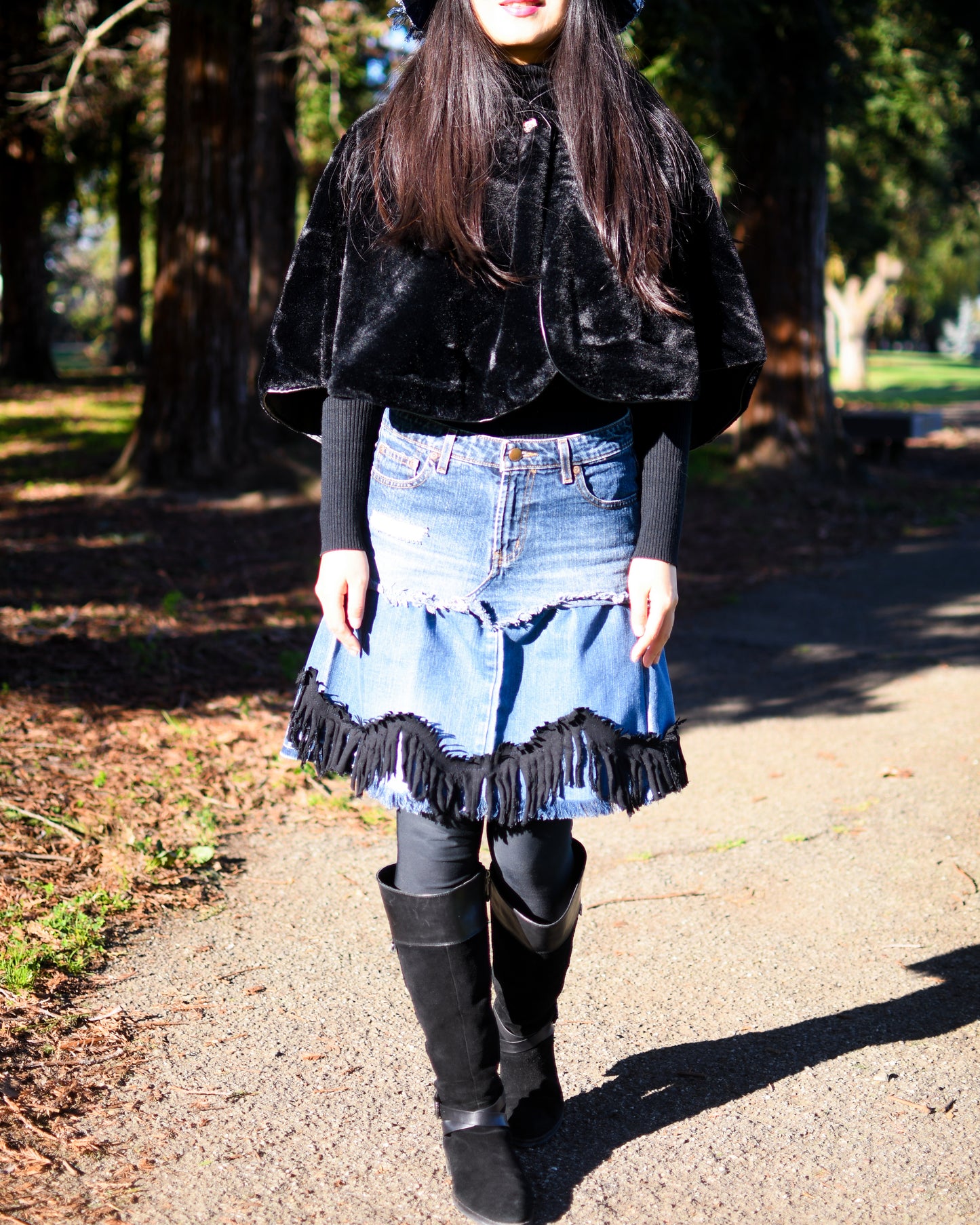 1 Of 1 Handmade Two-Tier Denim Gathered Short Skirt With Black Tassels Frayed Edges And Original Jeans Pockets Size Medium Size 8
