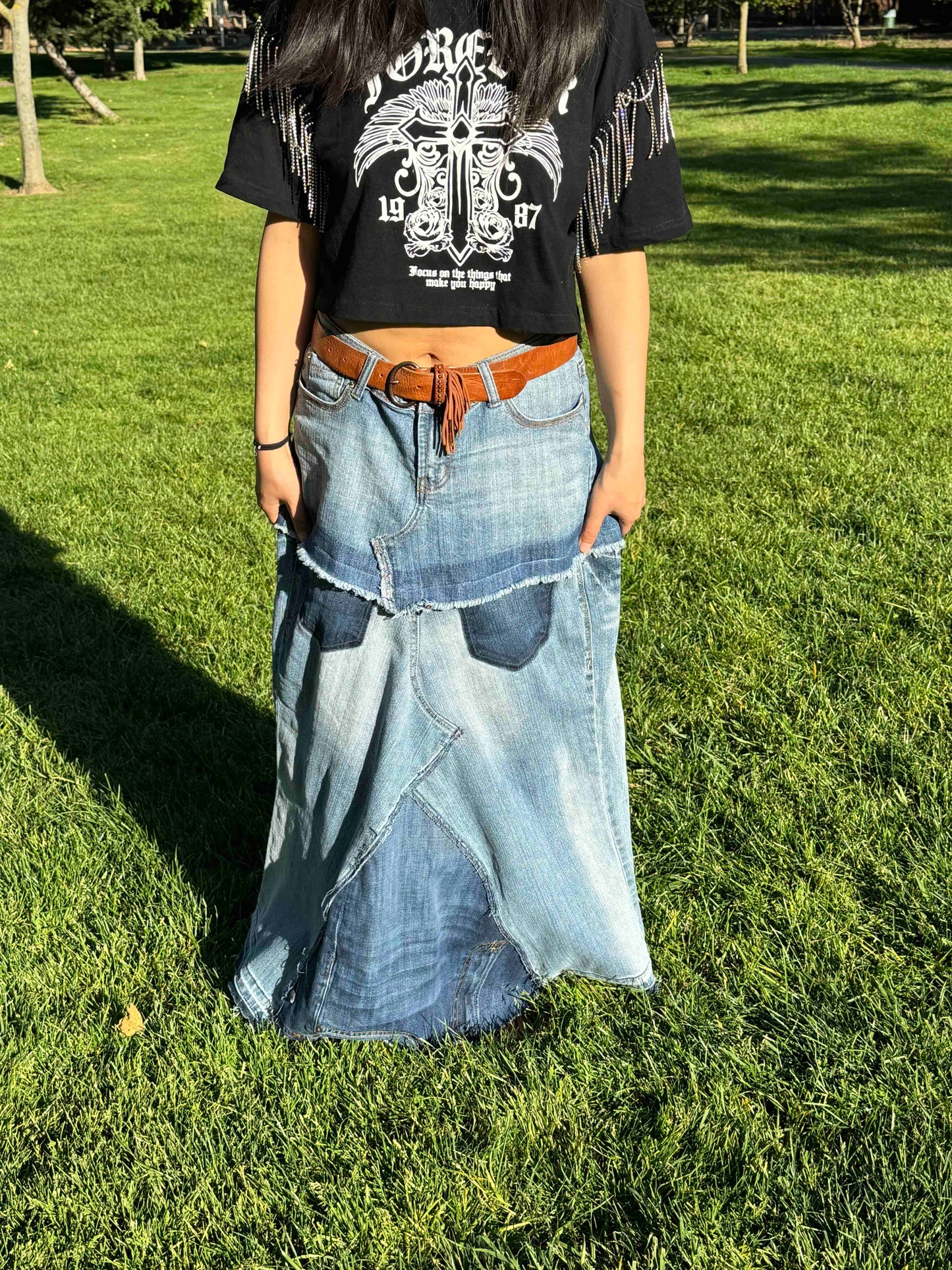 Handmade Womens Upcycled Denim Long Skirt Created from A Pair of Shorts Size 9 Size 10 Size XL