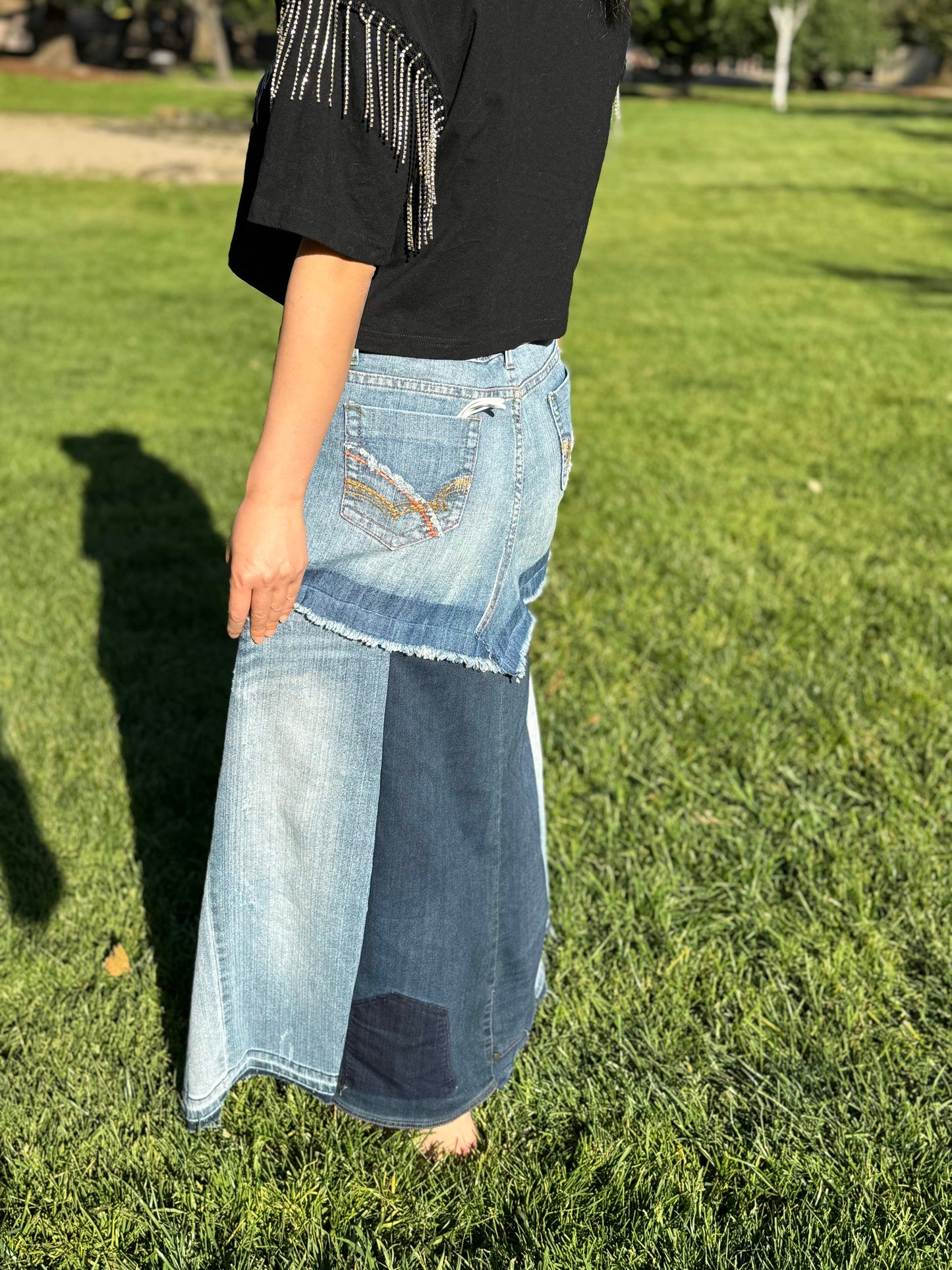 Handmade Womens Upcycled Denim Long Skirt Created from A Pair of Shorts Size 9 Size 10 Size XL