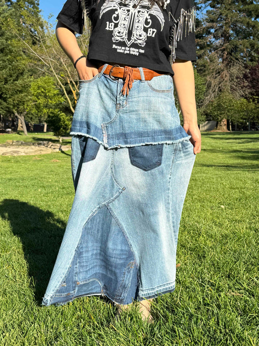 Handmade Womens Upcycled Denim Long Skirt Created from A Pair of Shorts Size 9 Size 10 Size XL