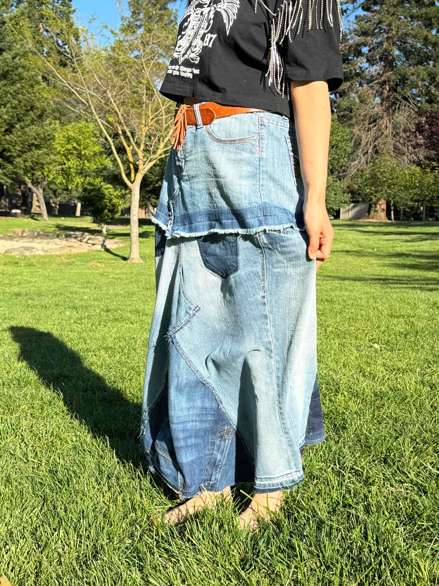 Handmade Womens Upcycled Denim Long Skirt Created from A Pair of Shorts Size 9 Size 10 Size XL