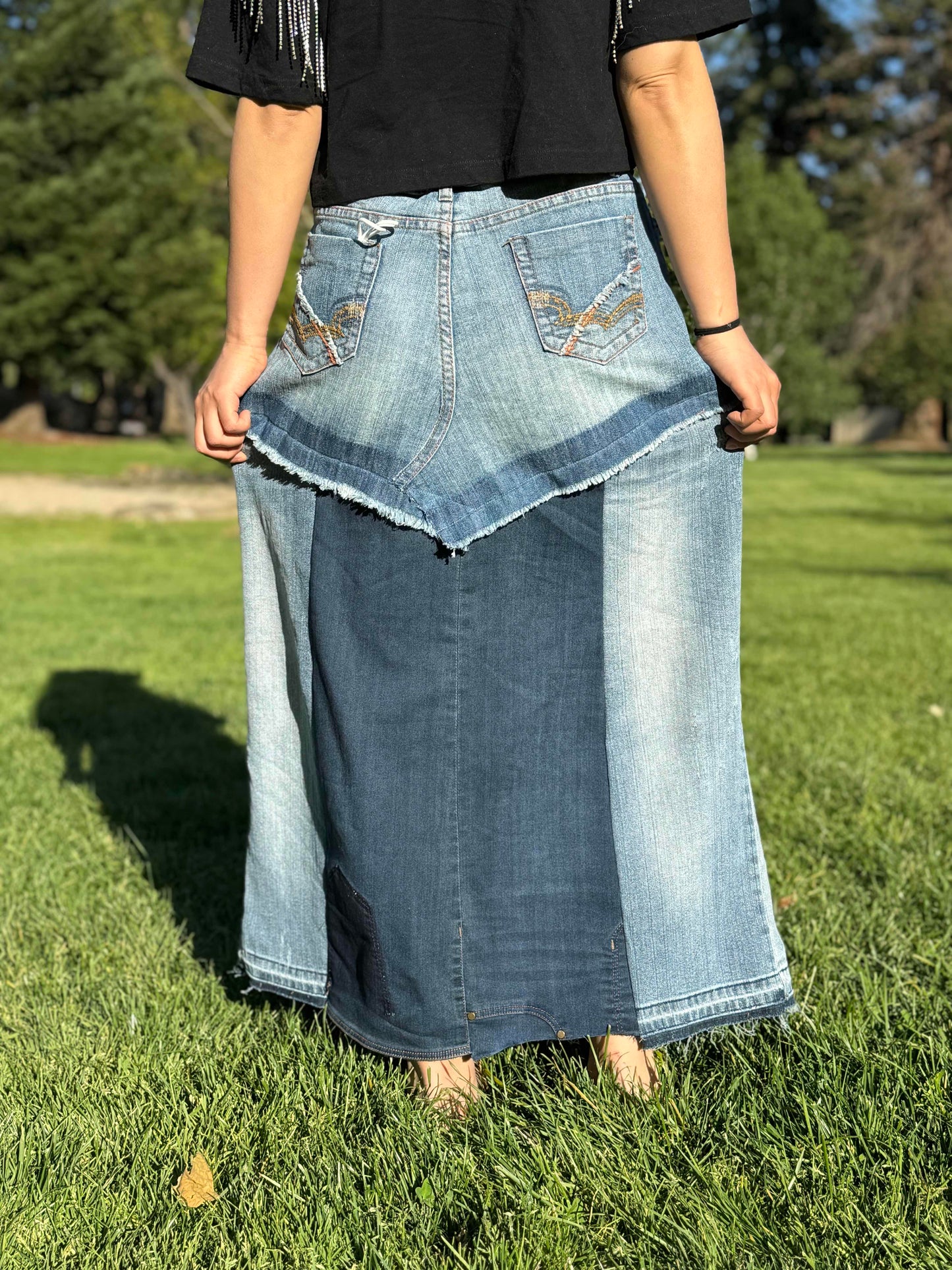 Handmade Womens Upcycled Denim Long Skirt Created from A Pair of Shorts Size 9 Size 10 Size XL