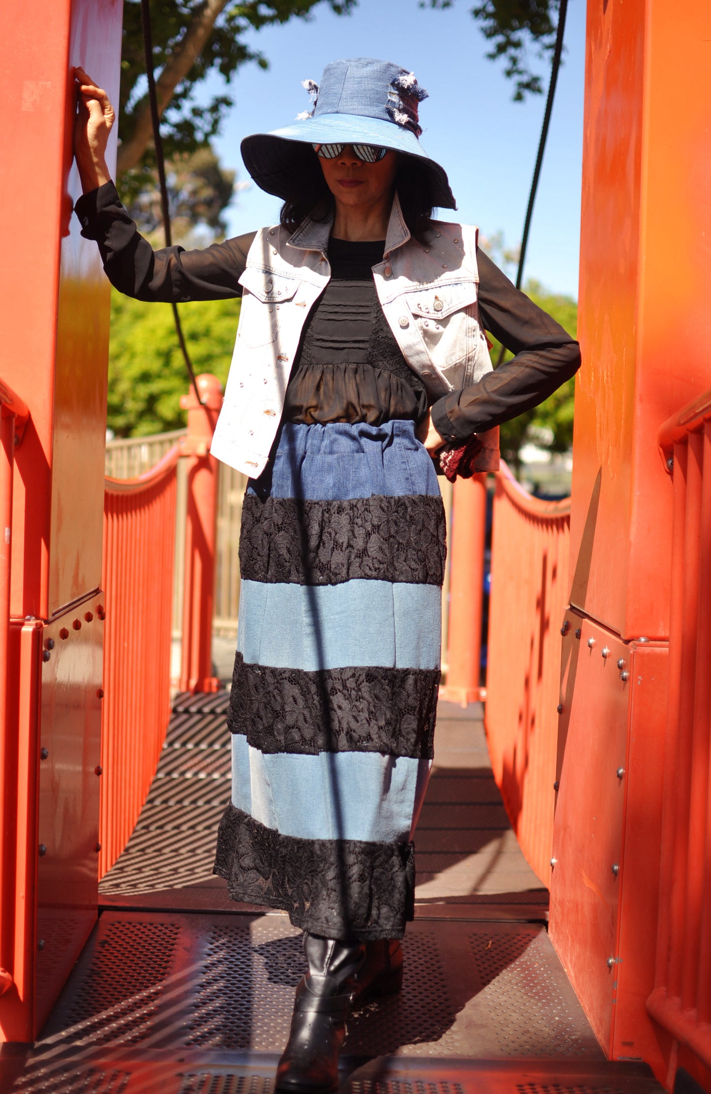 360 Degree Six Layered Upcycled Black Lace and Blue Denim Long Skirt With Elastic Waistband One Size Small Medium Large Size 4 Size 6 Size 8