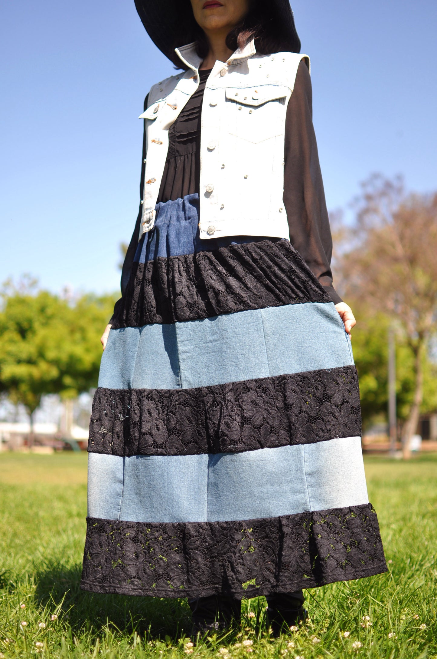 360 Degree Six Layered Upcycled Black Lace and Blue Denim Long Skirt With Elastic Waistband One Size Small Medium Large Size 4 Size 6 Size 8
