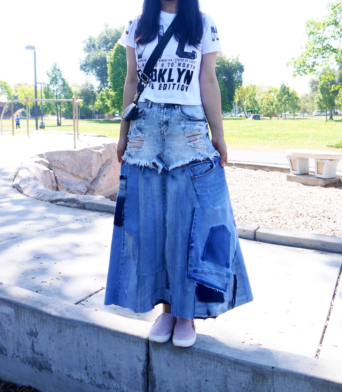 Handmade Upcycled Denim Maxi Skirt With Fray Edges Size 7 Size Small Only ONE