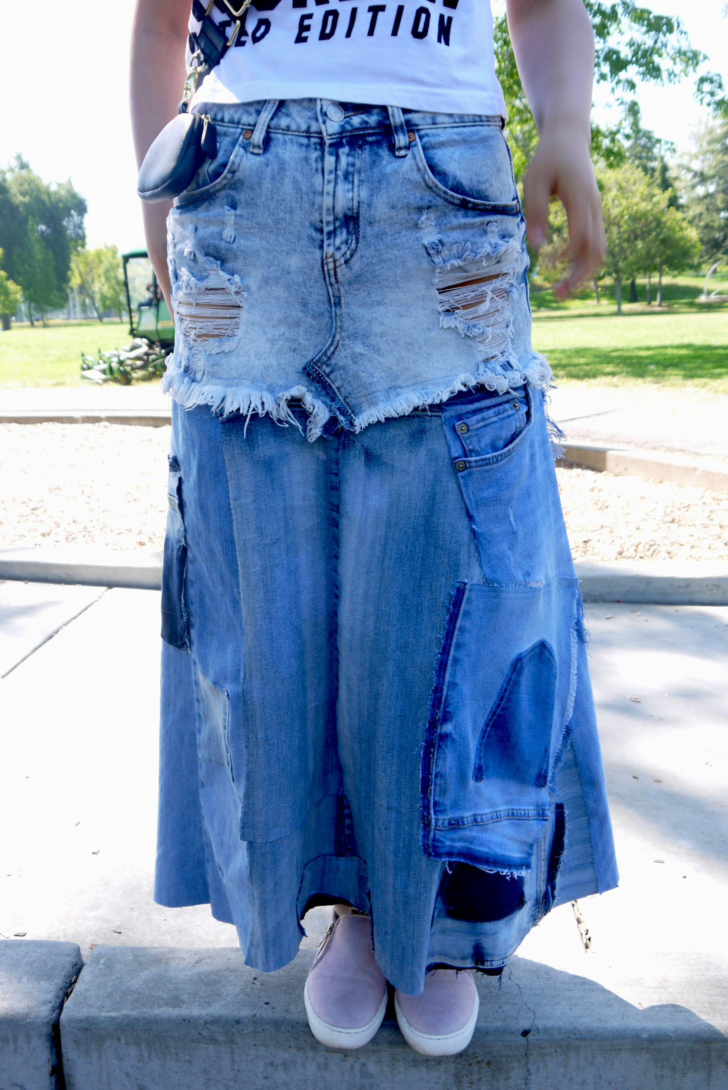 Handmade Upcycled Denim Maxi Skirt With Fray Edges Size 7 Size Small Only ONE