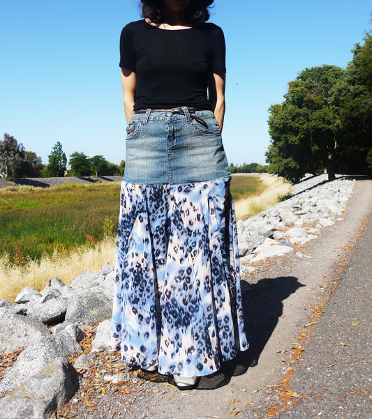 Upcycled Denim Leopard Print Chiffon Large Volume Godet Extra Flare Low Waist Long Skirt Size Medium Size 7 Size 8 Size 9 Only ONE