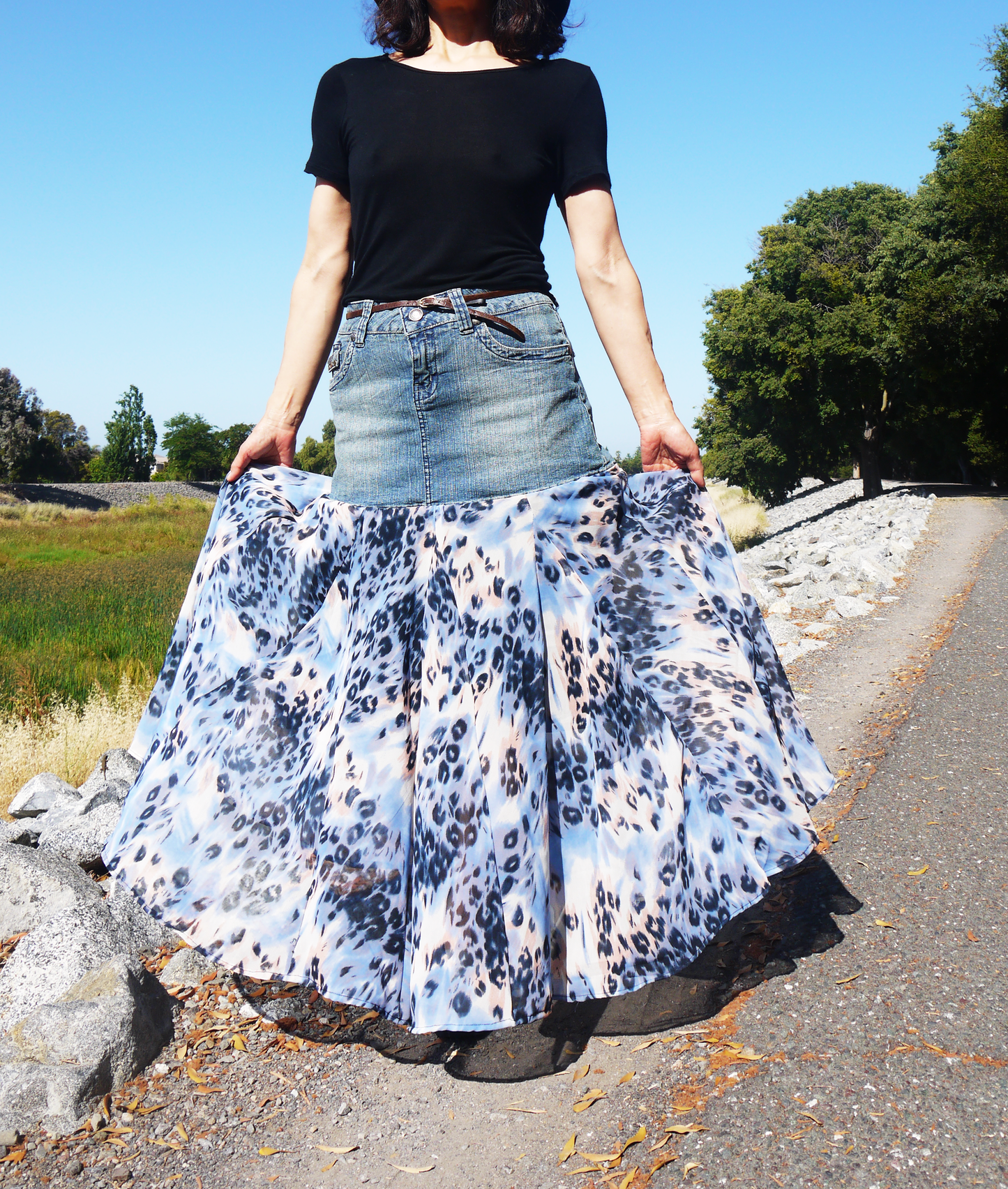 Upcycled Denim Leopard Print Chiffon Large Volume Godet Extra Flare Low Waist Long Skirt Size Medium Size 7 Size 8 Size 9 Only ONE