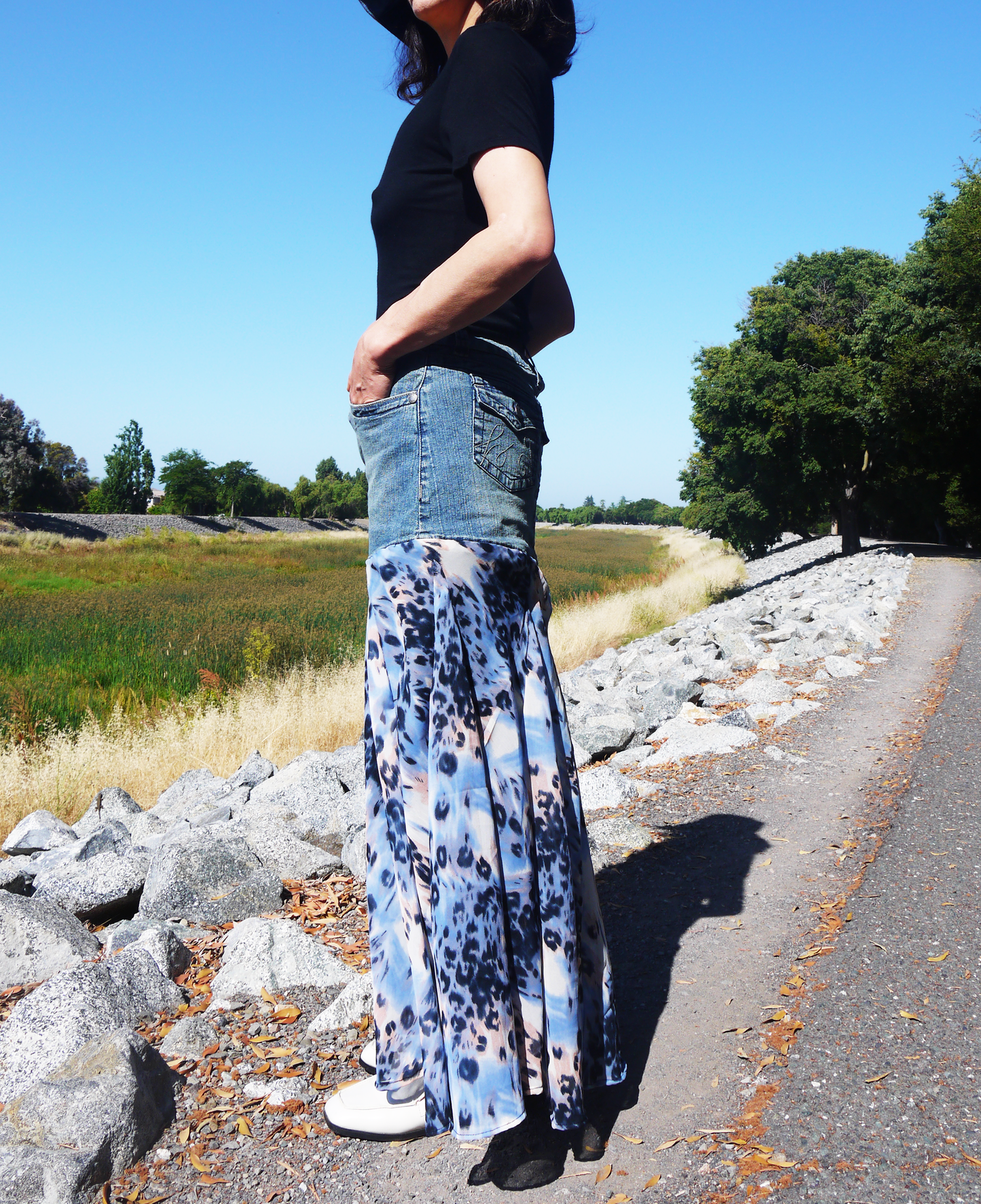 Upcycled Denim Leopard Print Chiffon Large Volume Godet Extra Flare Low Waist Long Skirt Size Medium Size 7 Size 8 Size 9 Only ONE
