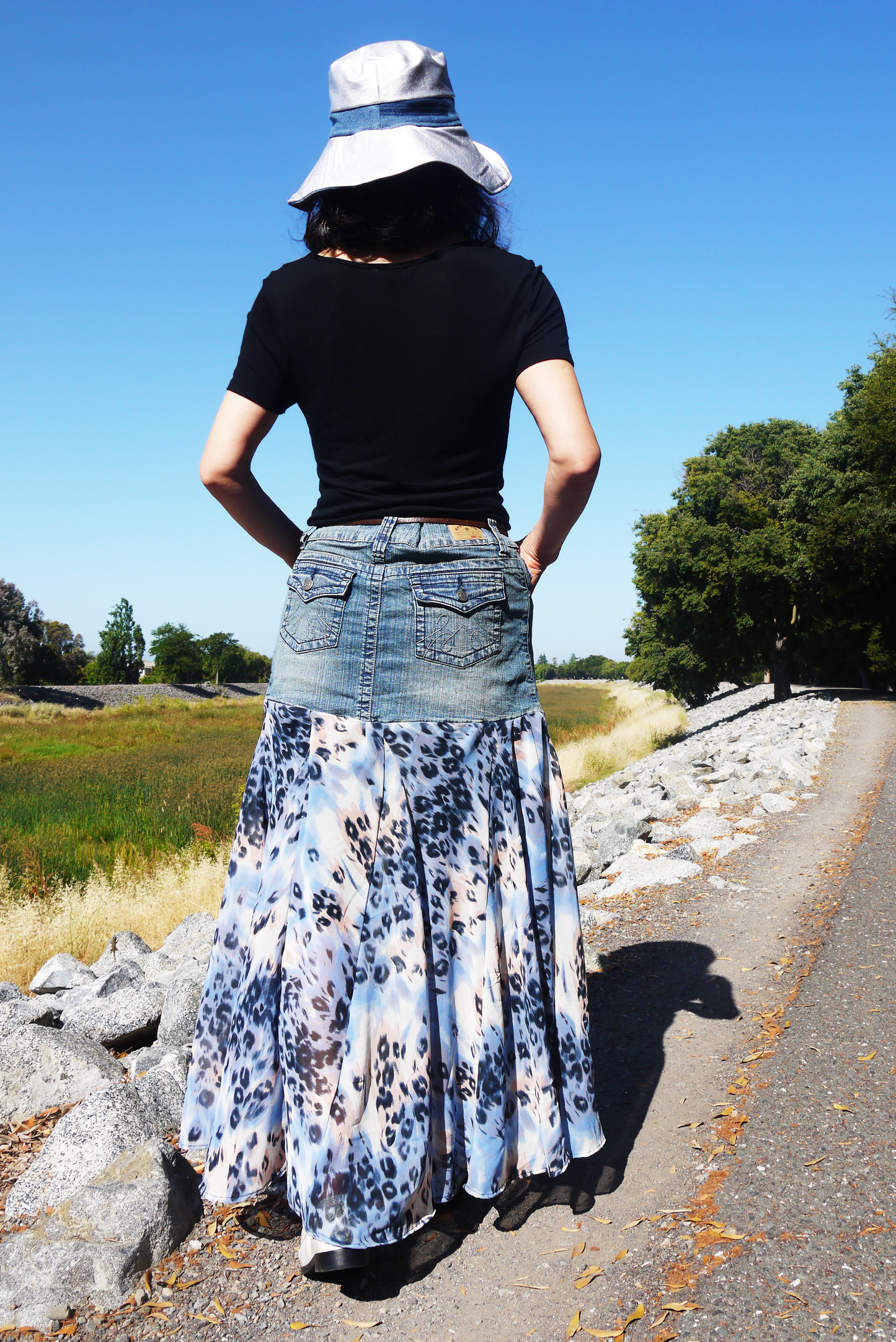 Upcycled Denim Leopard Print Chiffon Large Volume Godet Extra Flare Low Waist Long Skirt Size Medium Size 7 Size 8 Size 9 Only ONE