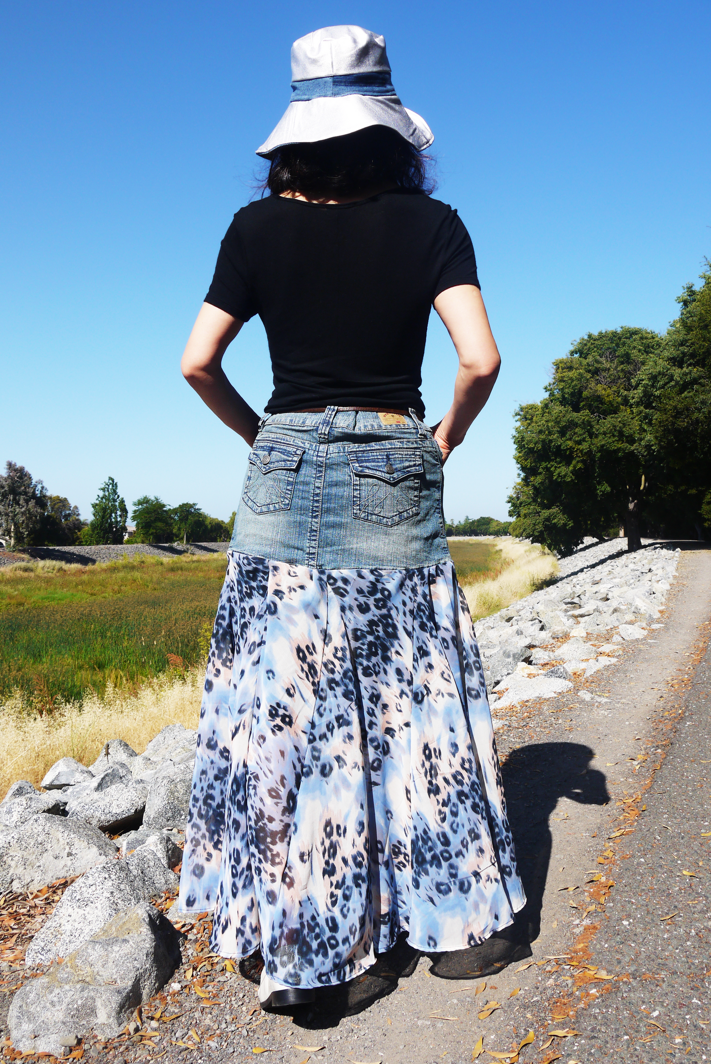 Upcycled Denim Leopard Print Chiffon Large Volume Godet Extra Flare Low Waist Long Skirt Size Medium Size 7 Size 8 Size 9 Only ONE