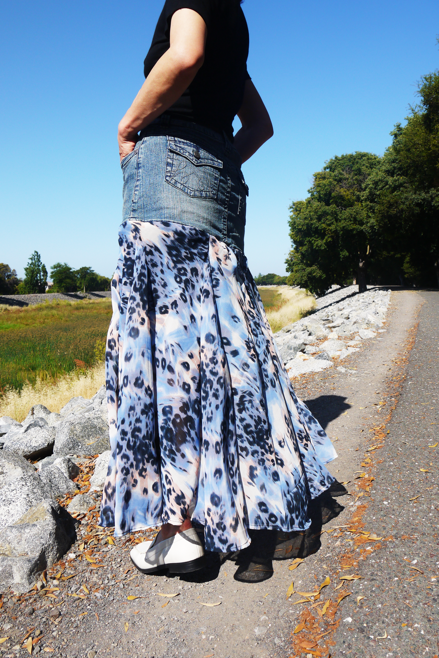 Upcycled Denim Leopard Print Chiffon Large Volume Godet Extra Flare Low Waist Long Skirt Size Medium Size 7 Size 8 Size 9 Only ONE