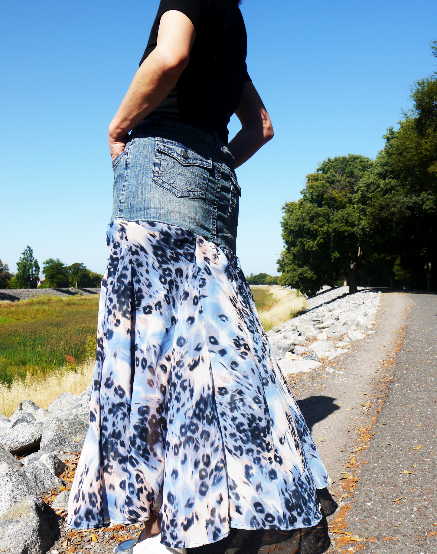 Upcycled Denim Leopard Print Chiffon Large Volume Godet Extra Flare Low Waist Long Skirt Size Medium Size 7 Size 8 Size 9 Only ONE
