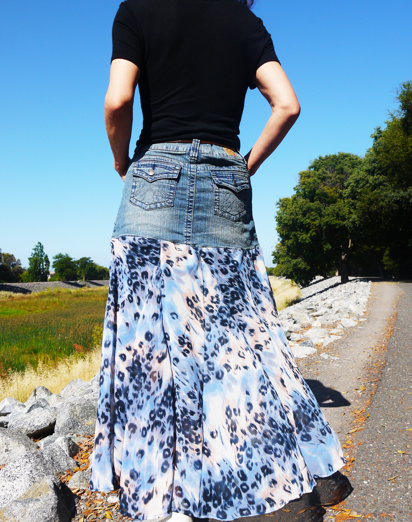 Upcycled Denim Leopard Print Chiffon Large Volume Godet Extra Flare Low Waist Long Skirt Size Medium Size 7 Size 8 Size 9 Only ONE