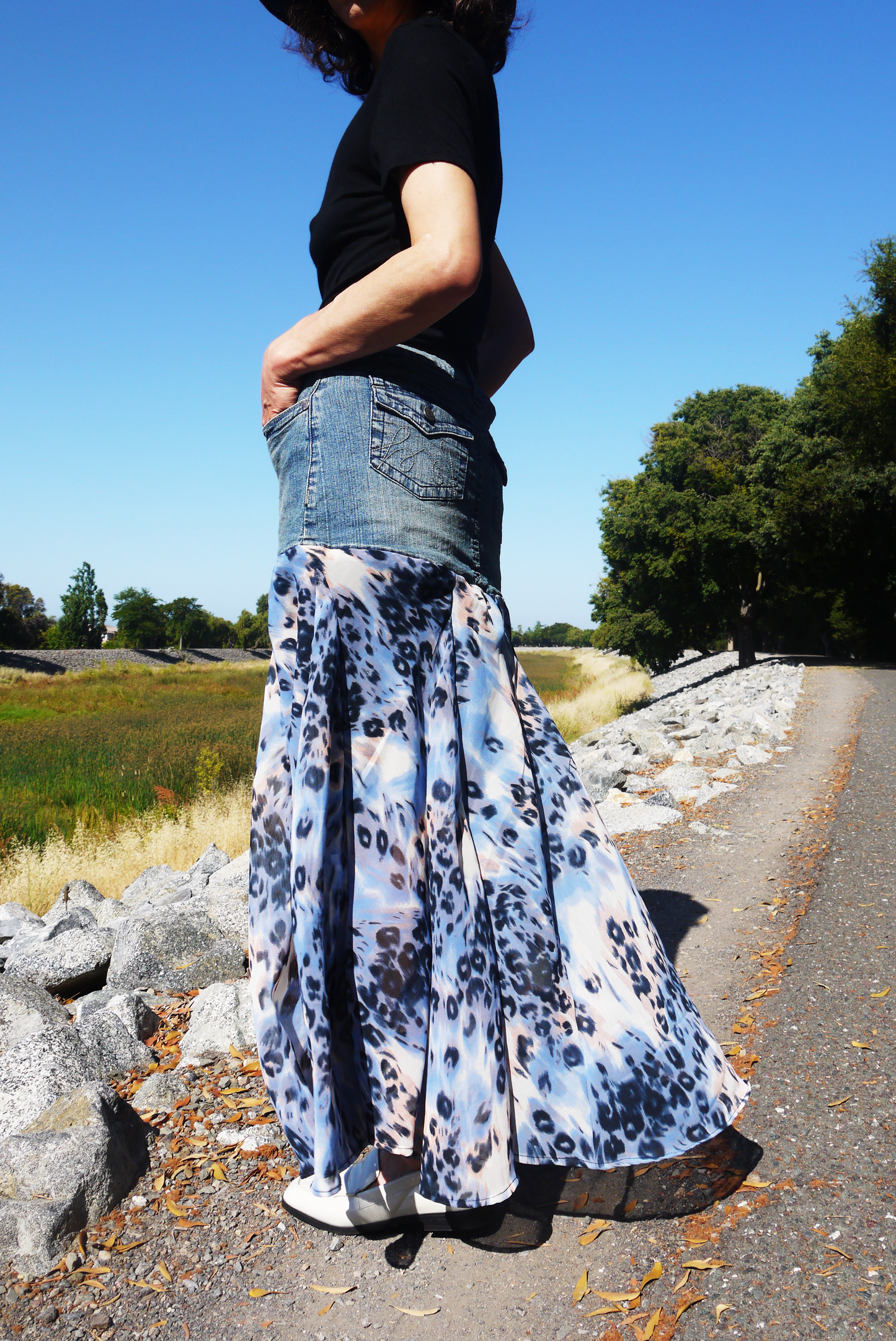 Upcycled Denim Leopard Print Chiffon Large Volume Godet Extra Flare Low Waist Long Skirt Size Medium Size 7 Size 8 Size 9 Only ONE