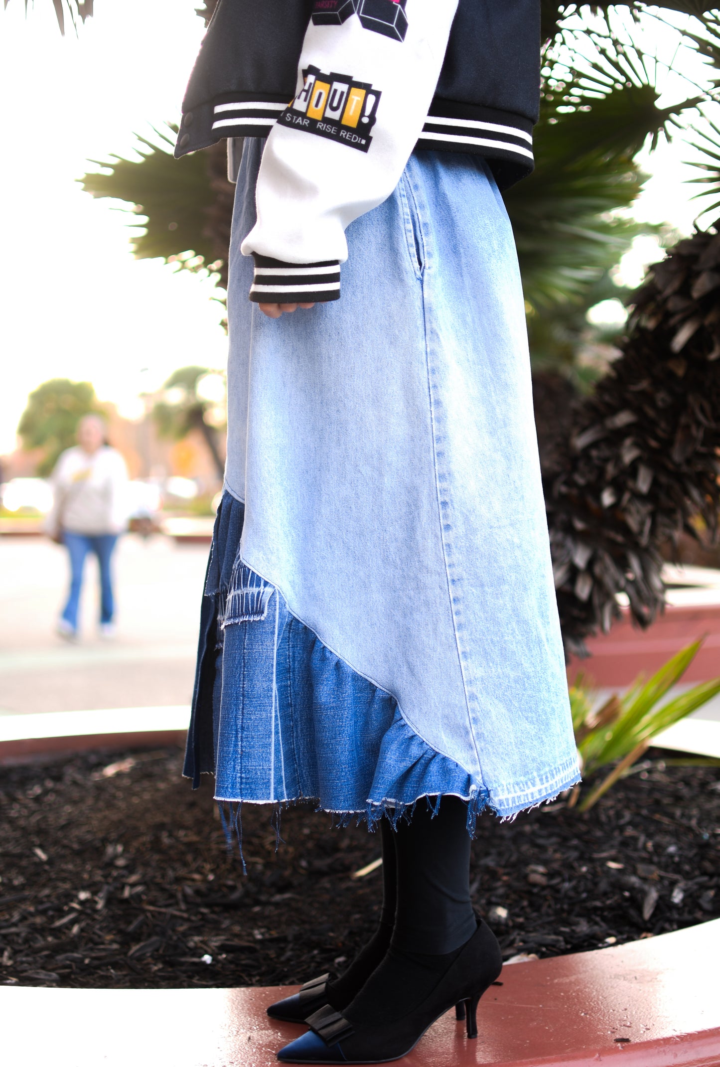 Handmade 1 Of 1 Upcycled Button-Down Angled Two Section Denim Long Skirt W/ Inseam Pockets And Elastic Waistband Size Medium Large XL 1X 2X
