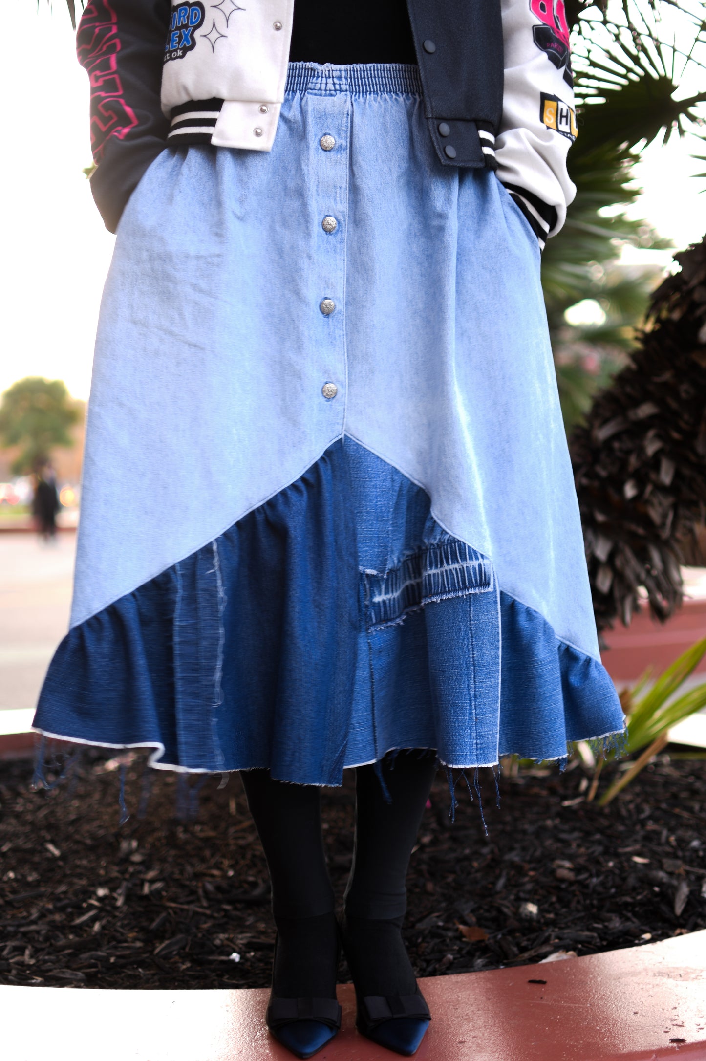 Handmade 1 Of 1 Upcycled Button-Down Angled Two Section Denim Long Skirt W/ Inseam Pockets And Elastic Waistband Size Medium Large XL 1X 2X