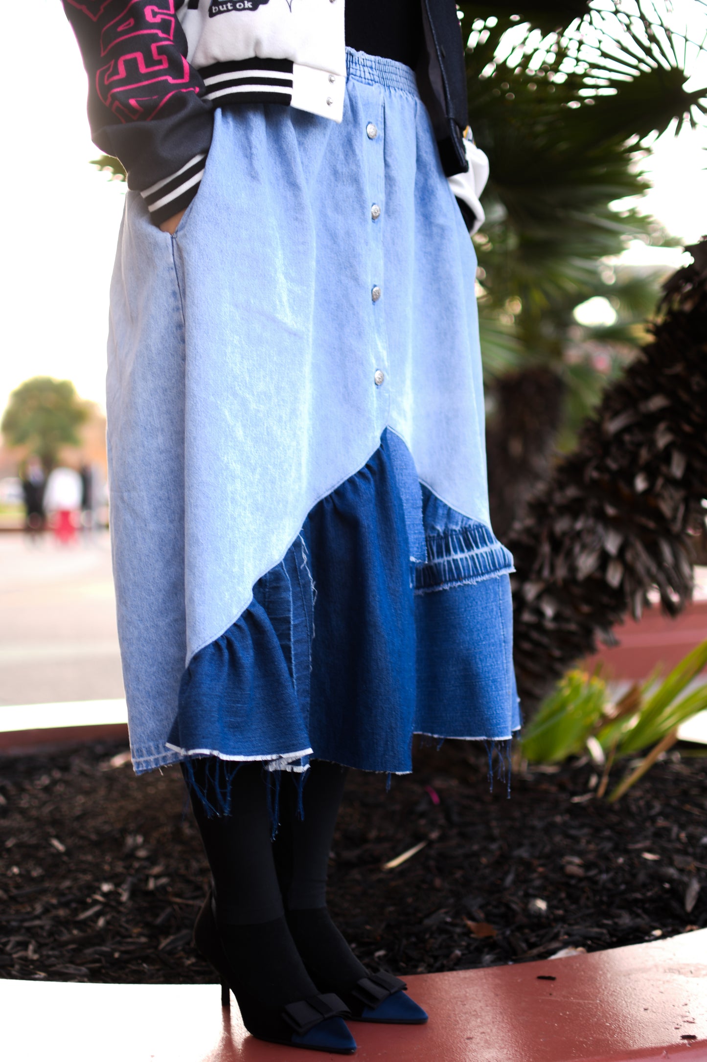 Handmade 1 Of 1 Upcycled Button-Down Angled Two Section Denim Long Skirt W/ Inseam Pockets And Elastic Waistband Size Medium Large XL 1X 2X