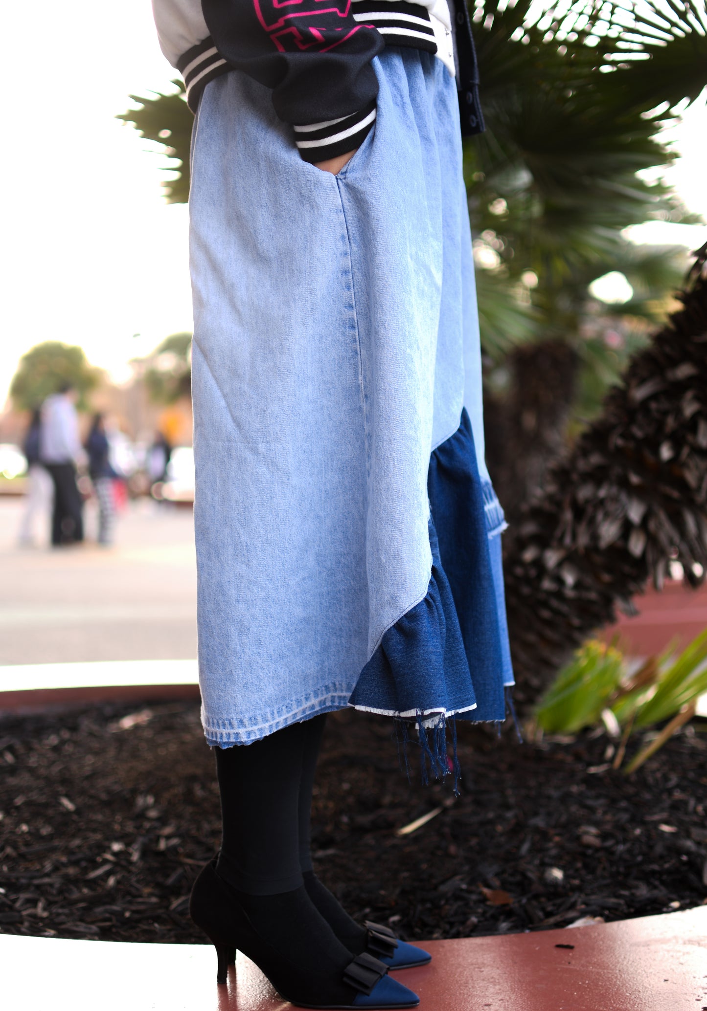 Handmade 1 Of 1 Upcycled Button-Down Angled Two Section Denim Long Skirt W/ Inseam Pockets And Elastic Waistband Size Medium Large XL 1X 2X