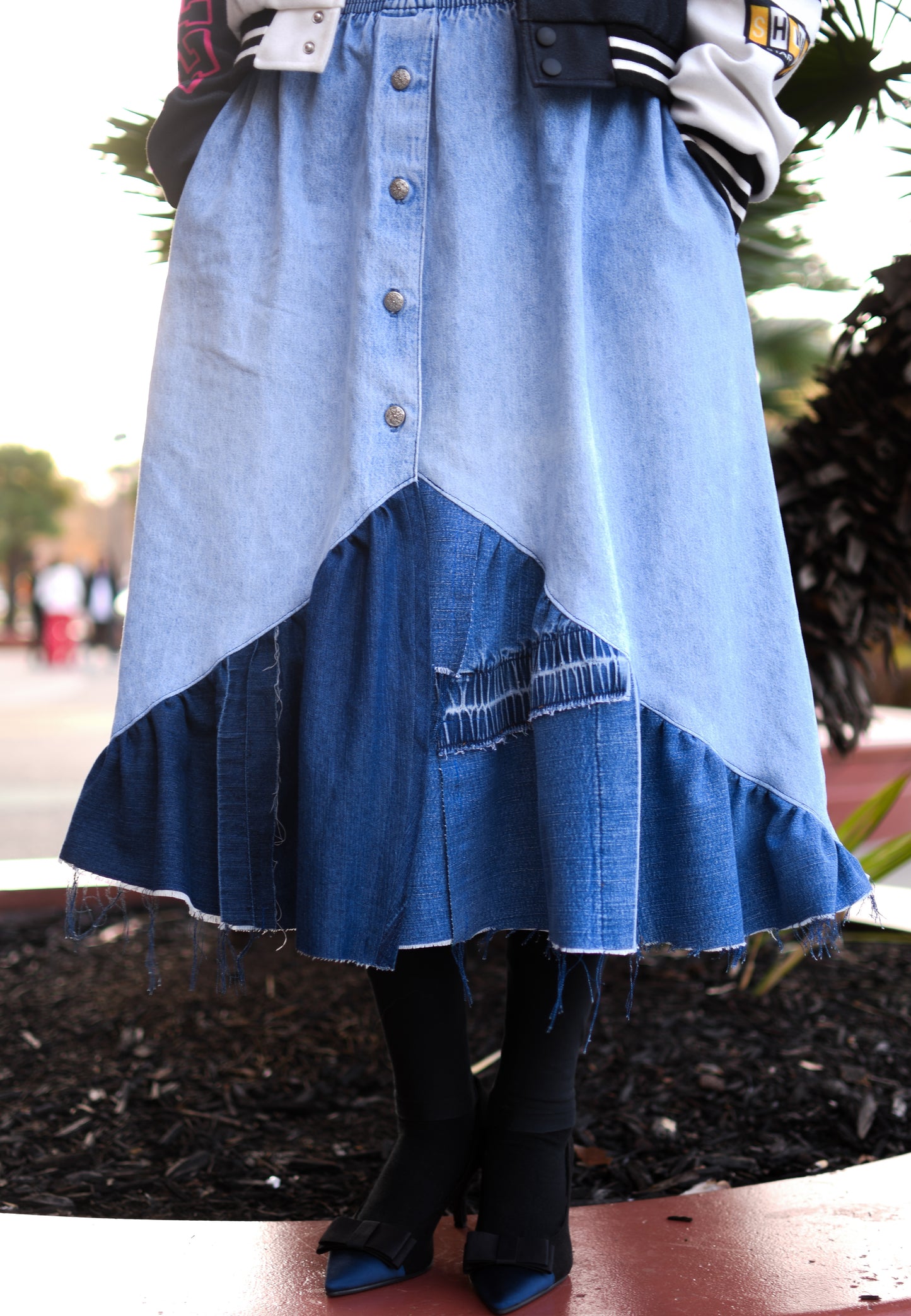 Handmade 1 Of 1 Upcycled Button-Down Angled Two Section Denim Long Skirt W/ Inseam Pockets And Elastic Waistband Size Medium Large XL 1X 2X