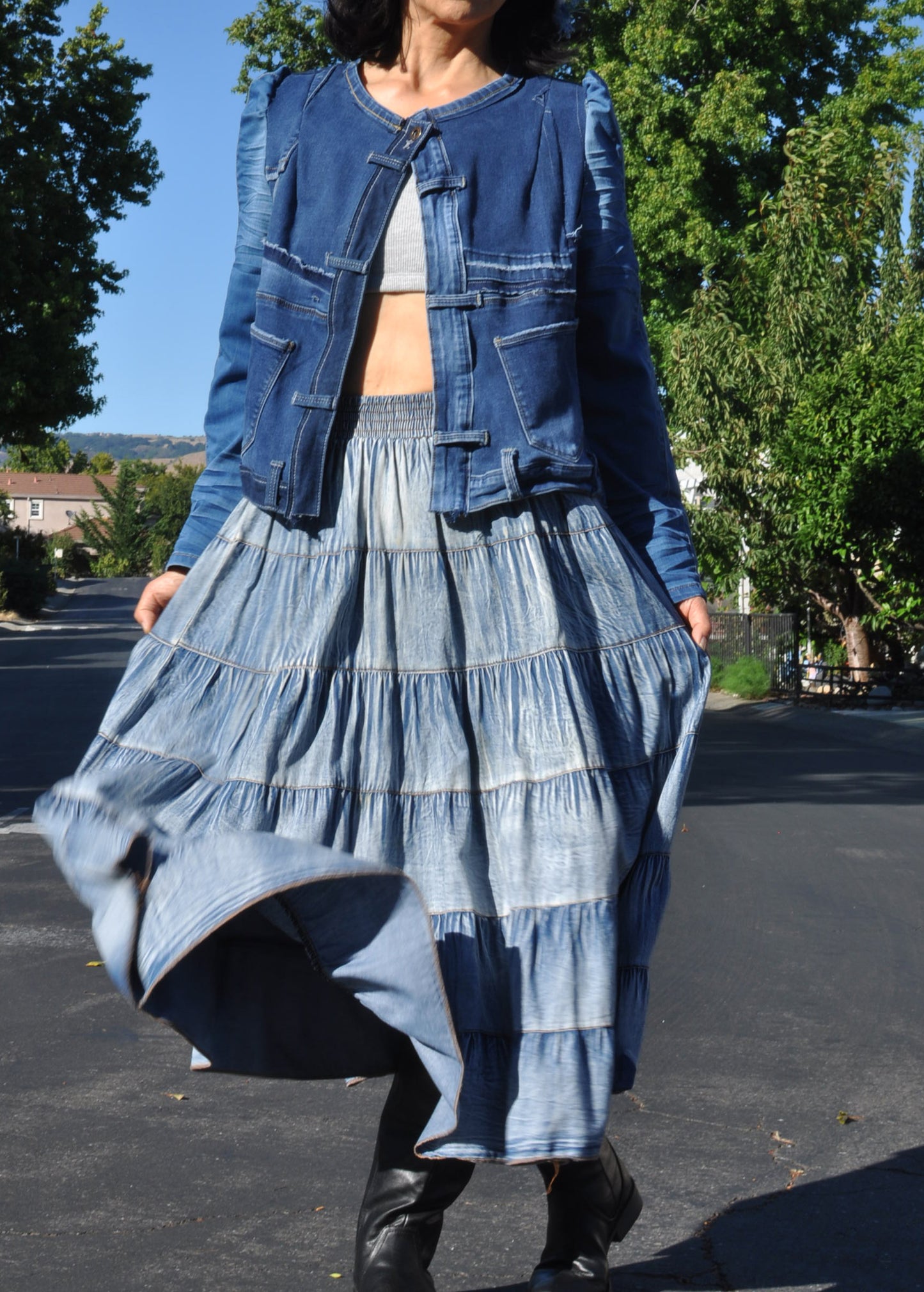 Upcycled Women's Gathered Sleeves Cropped Denim Jacket From Jeans With Two Patch Pockets