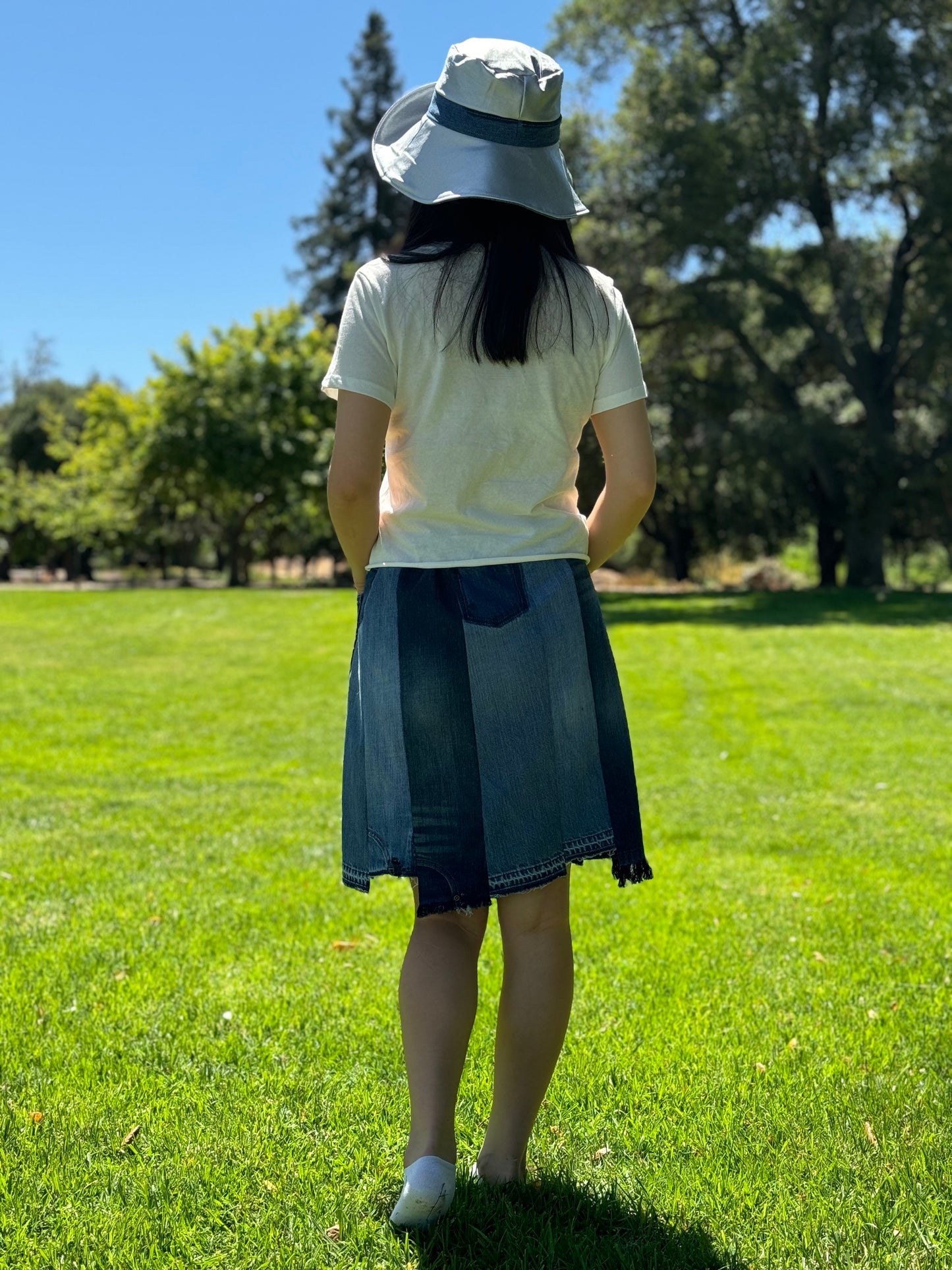 Handmade Upcycled Denim Skirt With Elastic Waistband Two Pocket One Size Small Medium Large XL 1X 2X ALL Fit Upcycled From Jeans