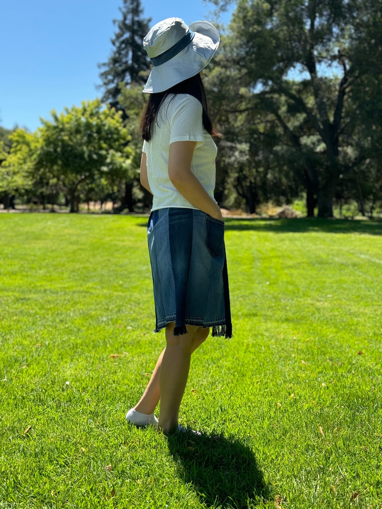 Handmade Upcycled Denim Skirt With Elastic Waistband Two Pocket One Size Small Medium Large XL 1X 2X ALL Fit Upcycled From Jeans