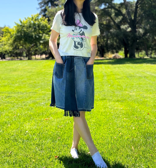 Handmade Upcycled Denim Skirt With Elastic Waistband Two Pocket One Size Small Medium Large XL 1X 2X ALL Fit Upcycled From Jeans